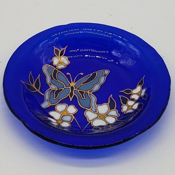 Signed Blue Cobalt Enameled Hand Painted Butterfly Floral Art Glass Trinket Dish - Picture 9 of 9